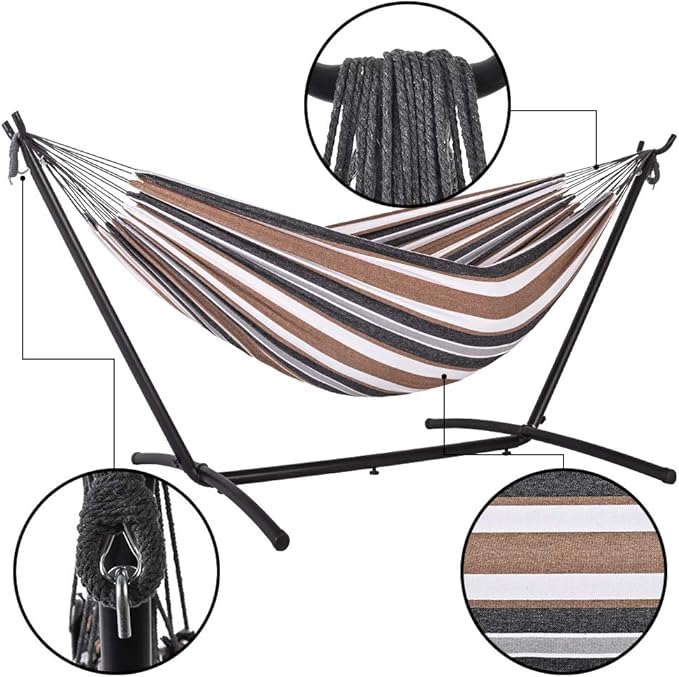 Prime Garden Hammock with Stand for Outside, Heavy Duty Space Saving Steel Stand with 450 lb Capacity, Double Hammock with Portable Carrying Bag, Hamacas Para Adultos for Outdoors, Patio, Garden, Yard