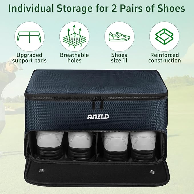ANILD Golf Trunk Organizer, 2 Layer Golf Storage Case with Separate Ventilated Compartment for 2 Pair Shoes, for Balls, Tees, Clothes, Gloves, Accessories, Golfer Gifts