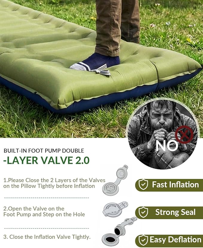 NINTYNINE Camping Sleeping Pad, 5.9" Extra-Thick Reinforced Camping Pad with Built-in Pillow & Foot Pump, Ultralight Compact Inflating Sleeping Mat for Backpacking Hiking Travel Tent Beach