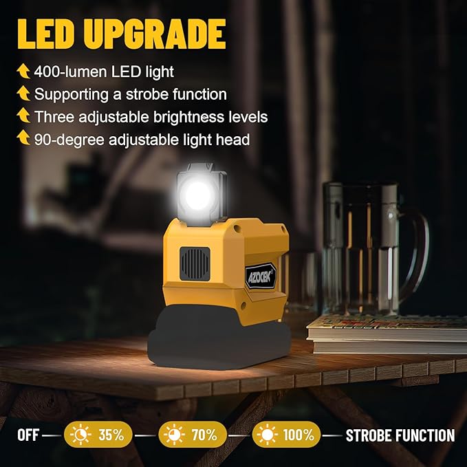 Azocek 220W Power Inverter Compatible with Dewalt 20V Battery(Battery not Included), DC 20V to AC 110V, 2 USB Ports & 1 Type-C Fast Charging, 400LM LED Work Light