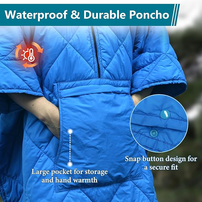 Camping Outdoor Blanket, Ultralight Down Alternative Printed Travel Camp Blankets for Sleeping Packable Waterproof Puffy Quilt for Hammock Picnic Stadium Beach Cold Weather (Blue Blanket Poncho)