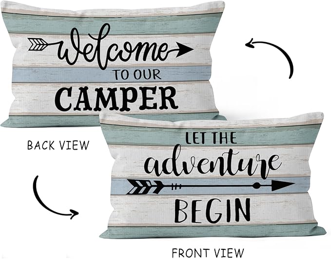 HIWX Let The Adventure Begin Welcome to Our Camper Decorative Pillowcase Throw Pillow Cover, Rustic Camper Camping Theme for Rv Sofa Bed Room Home Decor 12 x 20 Inch Reversible Pillow Case