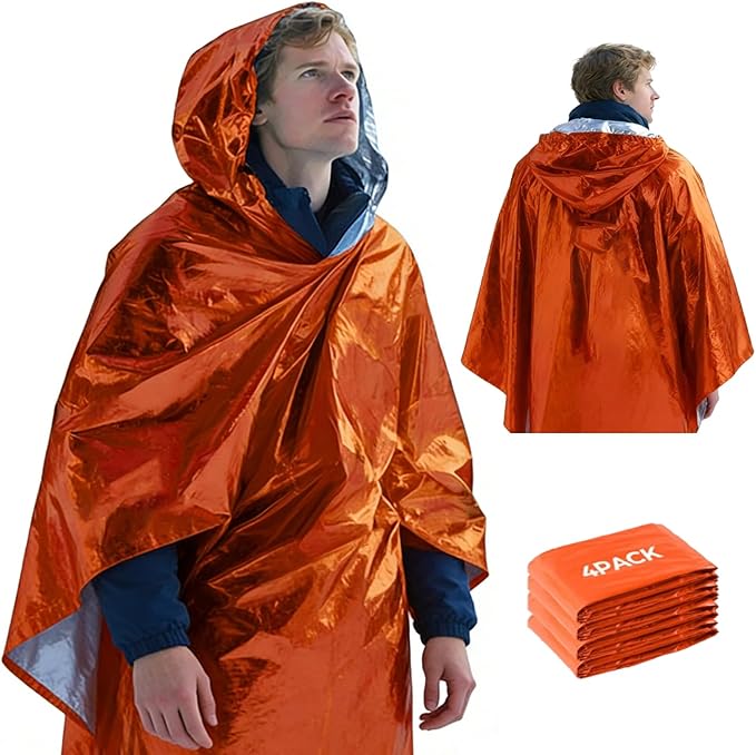 4 Pack Emergency Mylar Blanket Poncho | Waterproof Rain Ponchos | Reusable Packable Poncho | Survival Blanket Poncho for Outdoor Camping & Hiking, Rescue, Car Emergency Kit, Shelter/Tent Cover