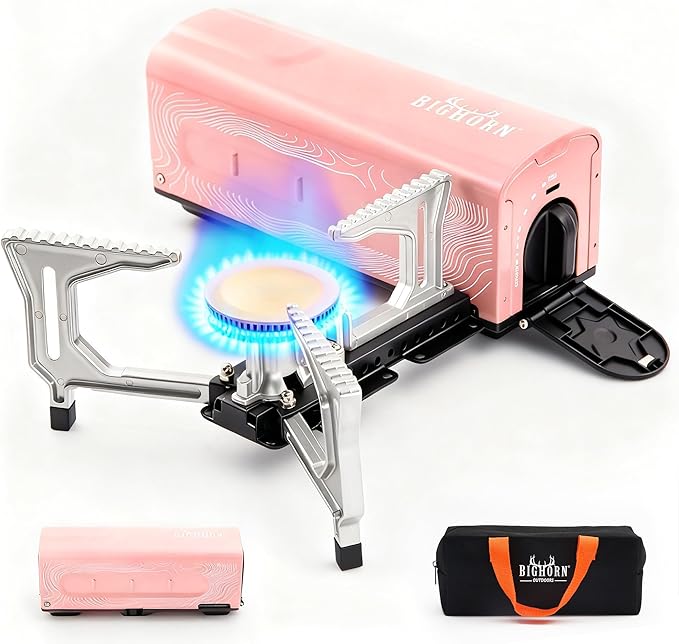 BIG HORN OUTDOORS Butane Camping Stove, Portable Folding Gas Burner with Carry Bag for Camping, Emergency Use and Outdoor Cooking, Pink