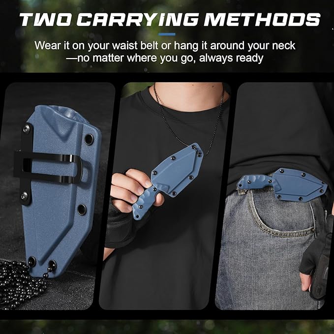 3.07" Small Neck Knife X-TAN-K, Horizontal Carry Knife with Sheath and Necklace, Full Tang Tanto 5Cr14MoV Steel Blade, Blue ABS Handle