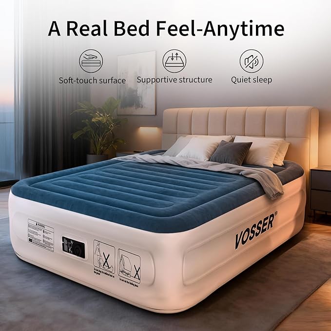 VOSSER Queen Air Mattress with Built-in Pump,18''Fast & Easy Inflation/Deflation Inflatable Mattress, Foldable Blow Up Mattress with Storage Bag, Inflatable Bed for Home, Camping & Guests