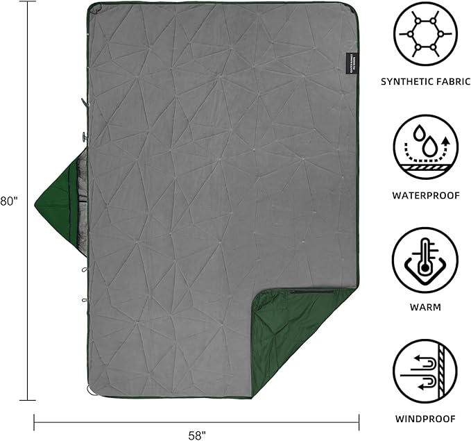 Large Outdoor Waterproof Blanket Extra Thick Fleece Stadium Blanket for Camping, Car, Pet, Picnics - Windproof, Wearable, Machine Washable 80" x 58" (Green,Hooded)