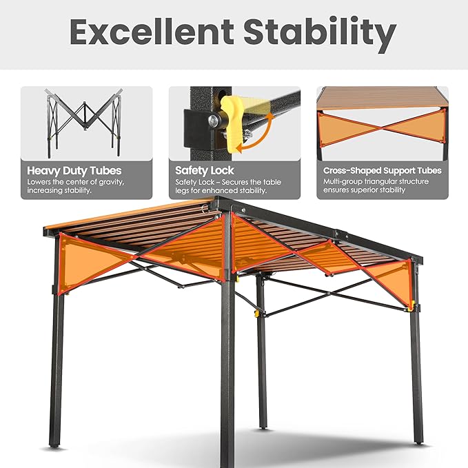 Join Nature 46.4" Large Folding Camping Table for 2-6 People - Heavy Duty Camp Table Foldable with Aluminum Roll-Up Top & Carry Bag - 220lbs Capacity, Portable for BBQ, Tailgating, Backyard (Natural)