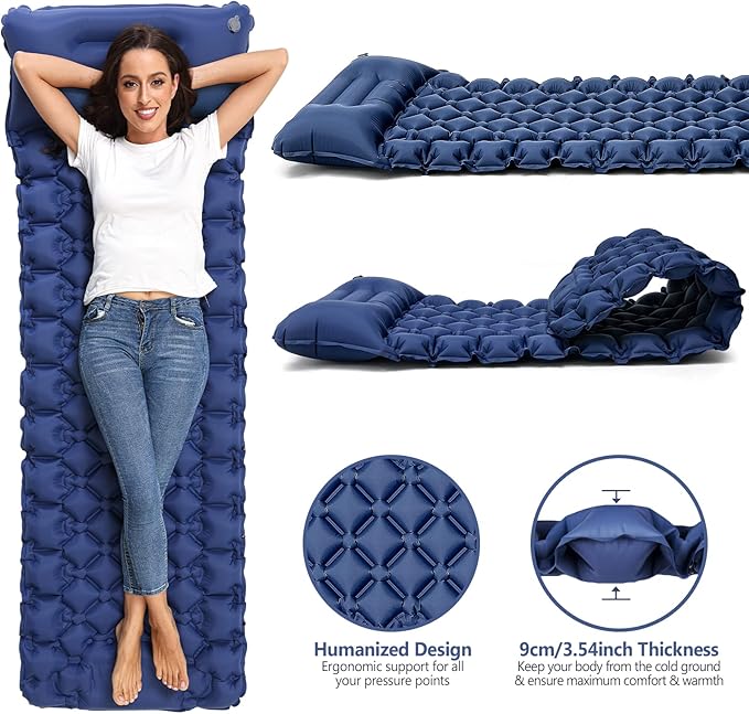 Sleeping Pad, Ultralight Self Inflating Camping Mat Sleeping Pad for Camping with Built-in Foot Pump & Pillow Durable Waterproof Sleeping Mat for Tent, Backpacking, Hiking - Blue