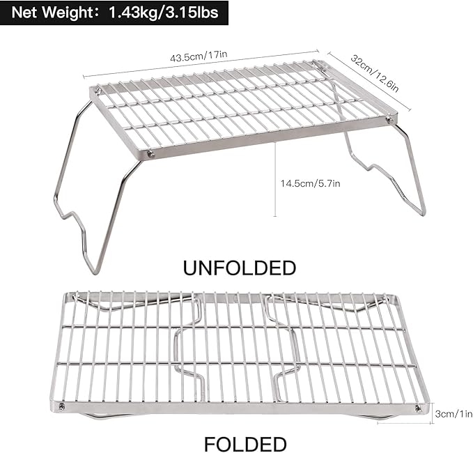 REDCAMP Large Folding Campfire Grill Grate, 304 Stainless Steel Heavy Duty Portable Camping Grill with Carrying Bag for Outdoor Cooking Backpacking Hiking Picnics BBQ
