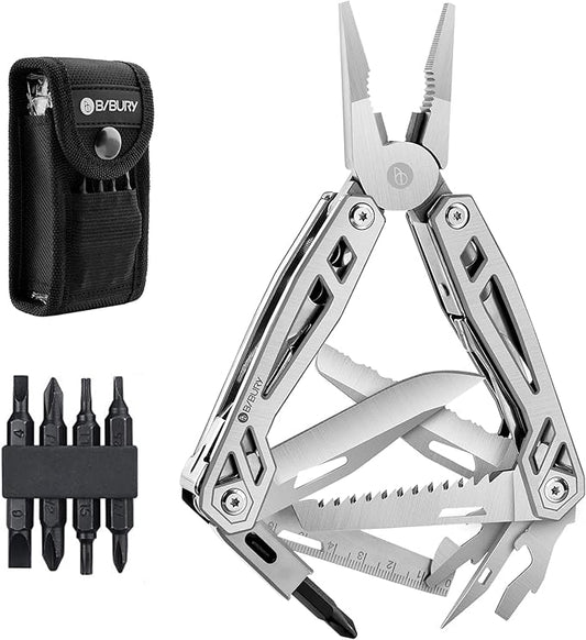BIBURY Multitool with Pocket Knife, 21-in-1 Stainless Steel Pliers with Screwdriver, Safety Locking Multi tools with EDC Knife for Survival, Camping, Fishing, Repair, Birthday Gifts for Men Women