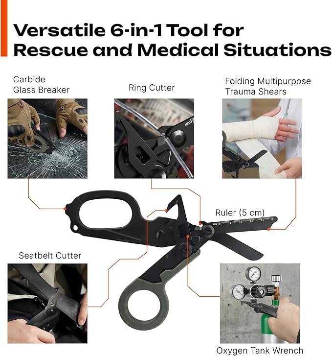 Trauma Shears Foldable Tactical Scissors - 6-in-1 Heavy Duty Emergency Response Folding Shear for Nurses Medical Outdoor Camping Rescue - Stainless Steel Multi-Tool Survival Shears with Holster