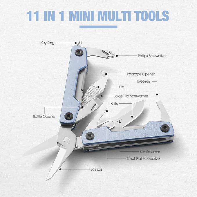 Multitool with Pocket Knife,Gifts for Men and Women, 11-in-1 Mini EDC Multitool with Screwdriver, Scissors, SIM Extractor and Bottle Opener, Perfect for Outdoor, Camping, Hiking, Simple Repair (Blue)