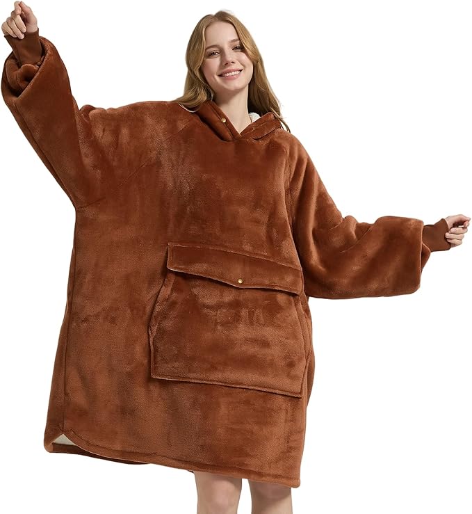 Krifey Wearable Blanket Hoodie, Oversized Sherpa Fleece Sweatshirt with Giant Pocket, Birthday Gifts for Women, Mom, Sister, Mocha Mousse
