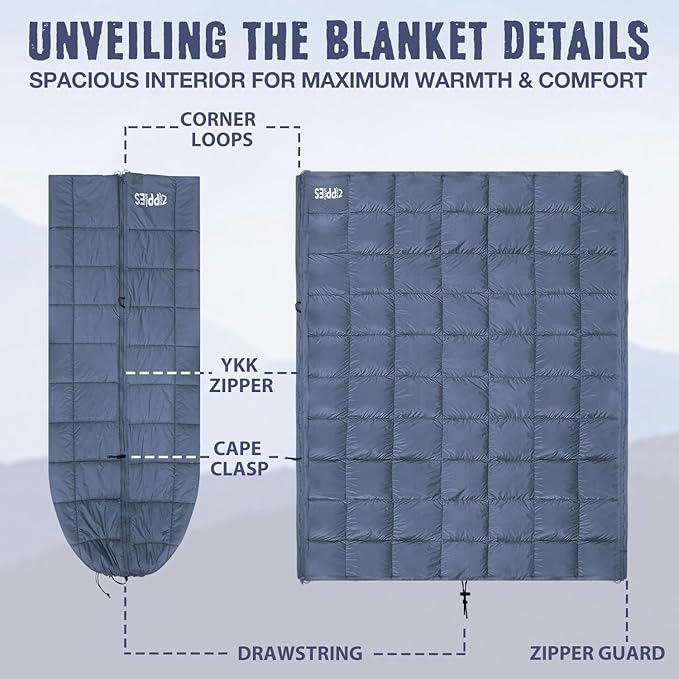 ZIPPIES 3M Thinsulate Insulation Puffy Camping Blanket for Cold Weather, Queen Size Warm Camping Quilt with Zipper, Waterproof Outdoor Sleeping Bag for Hammock, Cozy & Versatile Gift for Men and Women