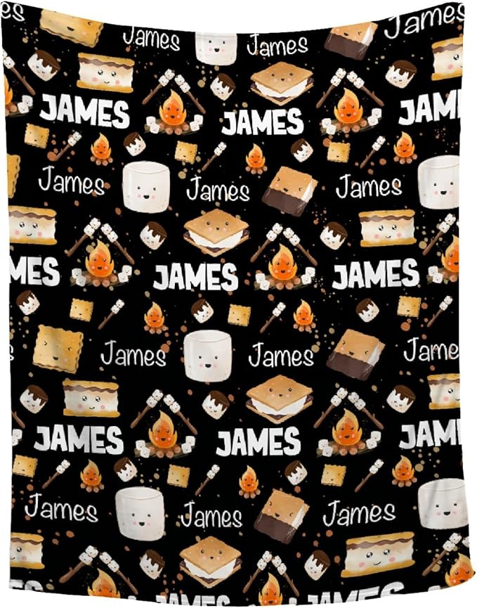 Custom S'Mores Blanket with Name | Personalized Marshmallow Blanket for Girls Boys | Ultra Soft Customized Cookie Throw for Couch/Sofa/Travel/Camping Home Decor - 50"x60"-Teens/Travel Size