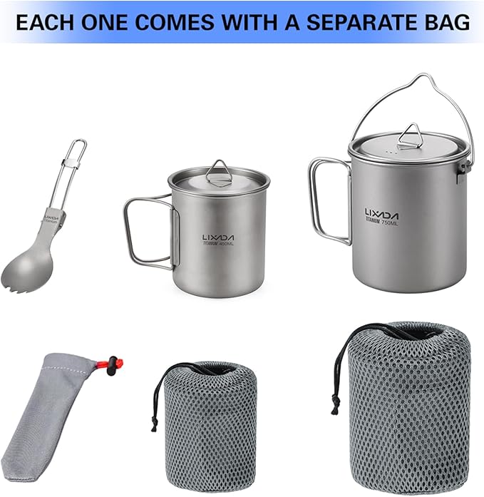 Lixada Titanium Camping Cookware with Folding Spork, 750ml Camping Titanium Pot & 450ml Coffee Mug with Foldable Handle & Lid, Portable Outdoor Cookware Set for Backpacking Hiking Cooking