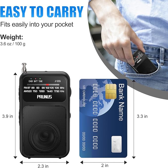 PRUNUS J-555 Pocket Radio AM FM USB-C Charging& Battery Operated, Excellent Reception& Clear Speaker and Headphone Jack, Back Clip, Flashlight, Transistor Radios, Portable Radios AM FM, Mini Radio