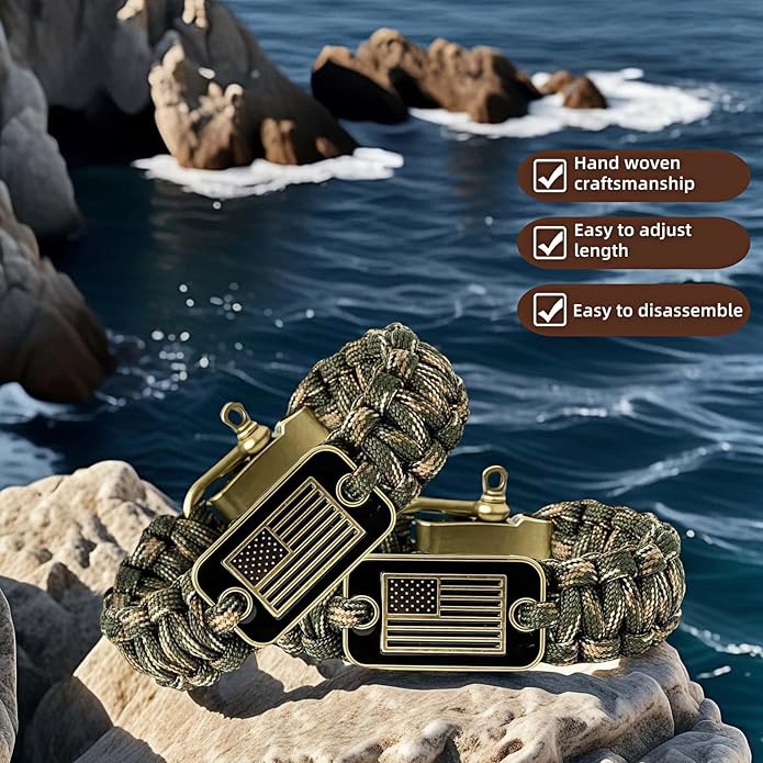Patriotic Paracord Survival Bracelet for Men - Bronze US Flag Pendant Tactical Gear with Multi-Tool Functions, Adjustable Size (12-25cm), Green Camo Gold Thread Design