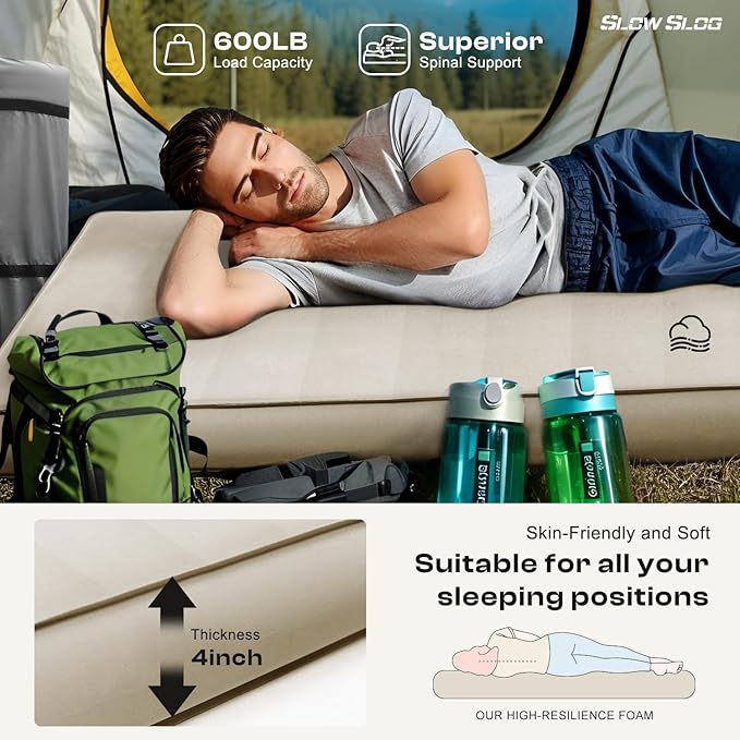 Self-Inflating Sleeping Pad with Portable Electric Air Pump, 4in Double Foam Camping Mattress 2 Person for Tent Cot & Car Travel, Fast Inflate & Deflate Camping Pad, Cream