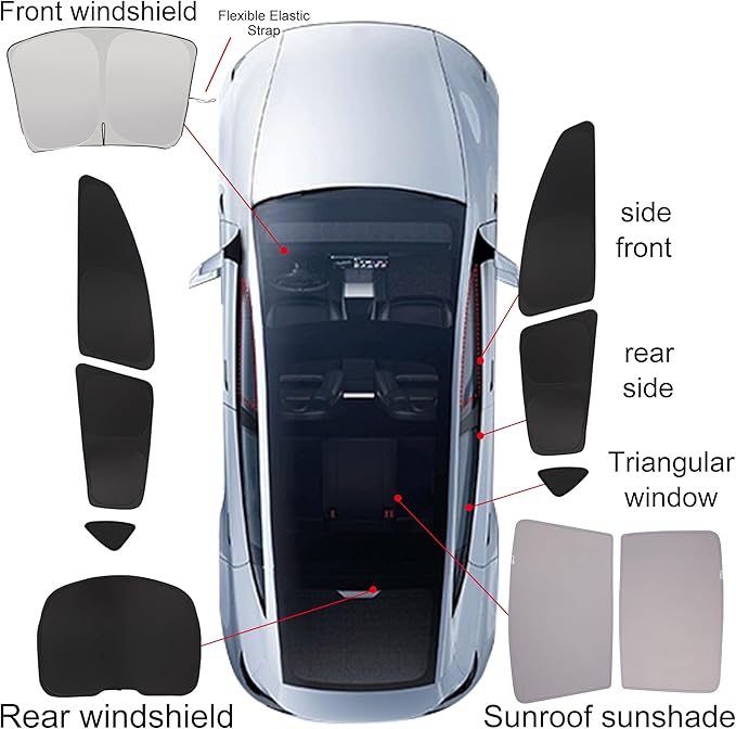 10PCS Sunshade Roof & Full Windshield Side Window for 2025-2026 Tesla Model Y Juniper, Heat Insulation Foldable Sun Shade Cover Camping Privacy Accessories with Storage Bag