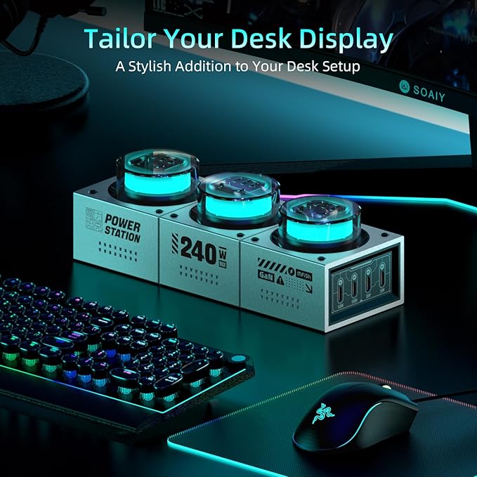 Mfish E-Tank 240W GaN Desktop Charging Station, 7-in-1 Charging Hub with 3 AC Outlets & 4 USB-C Ports (Up to 140W PD 3.1), RGB Desk Power Hub for Gaming Setup, Creator Workstation & Home Office