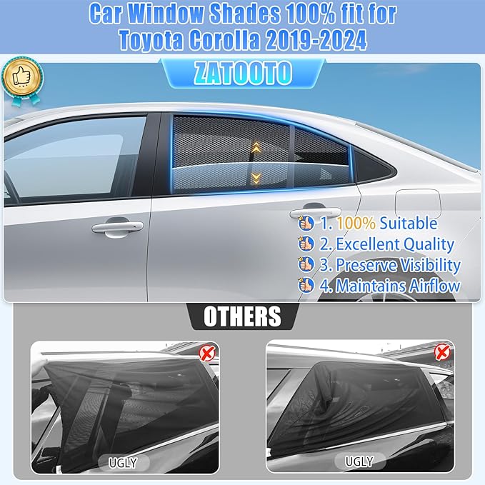 ZATOOTO Car Window Shades Toyota Corolla 2019-2024 for Rear Window | Car Window Covers for Baby & Pets | Blocks 99% UV Rays & Heat | Breathable Mesh Sunshade | Bug-Free Protection for Camping & Travel