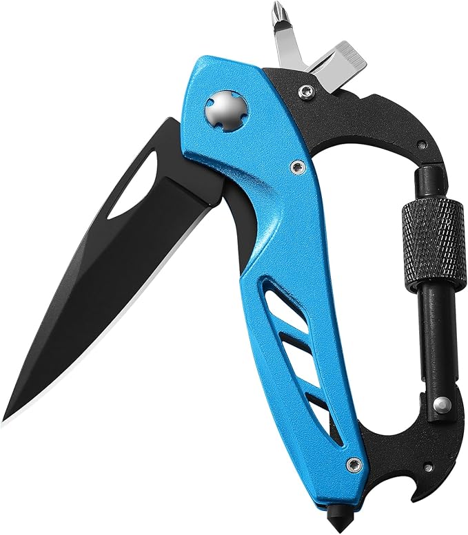Multitool Carabiner with Pocket Knife, Stocking Stuffers Gifts for Men,6-in-1 Multi Tools with Window Breaker, Bottle Opener and Screwdriver, Survival Gear for Camping Hiking(Blue）