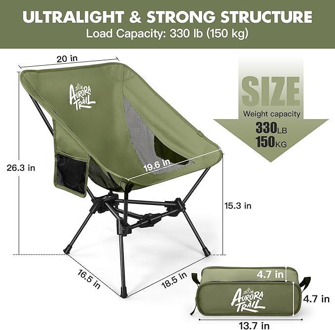 AuroraTrail Ultralight Backpacking Camping Chair – Only 2.7 lb, Supports 330 lb, Compact Folding Outdoor Seat with Carry Bag, 7075 Aluminum Frame for Hiking, Camping & Festivals (Green)