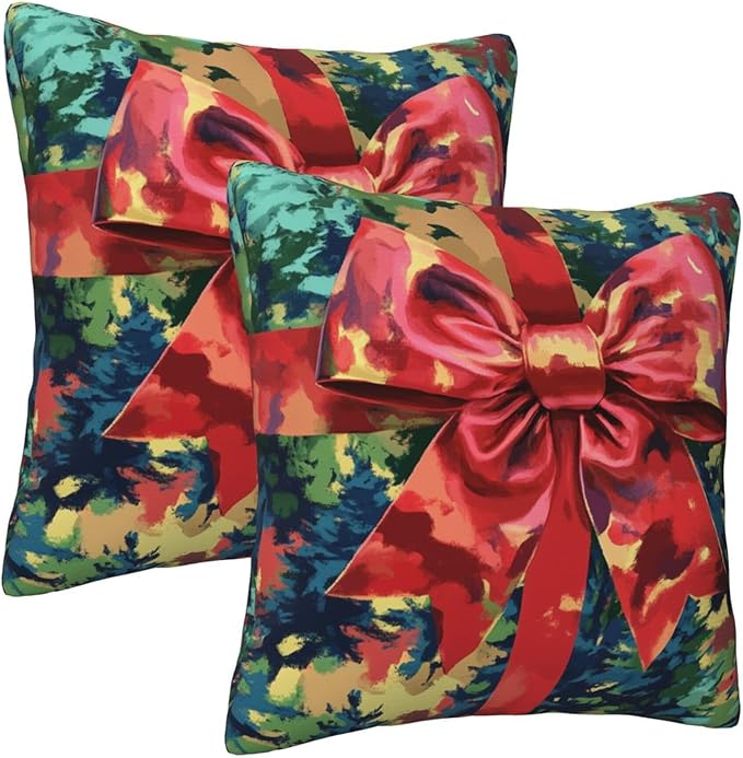 Christmas Bow Art Theme Throw Pillow Covers 18x18 inch Set of 2 Pillow Case Cushion Cover for Home Sofa Couch Living Room Car Decor