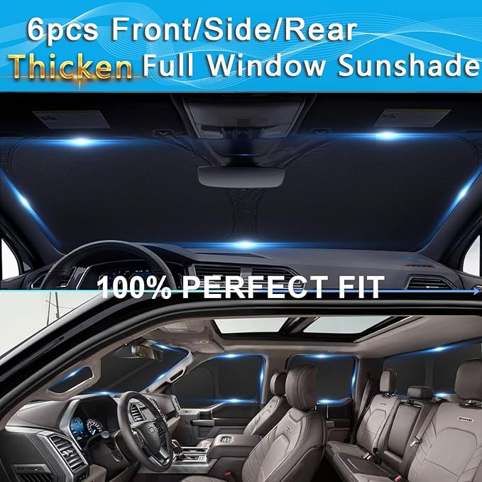 KMF 6pcs Thicken Sun Shades for Dodge Ram 2500 3500 Accessories 2010-2025, Custom Fit Full Car Window Covers Sunshade for Windshield Side Rear, UV Block Privacy for Camping Outdoor