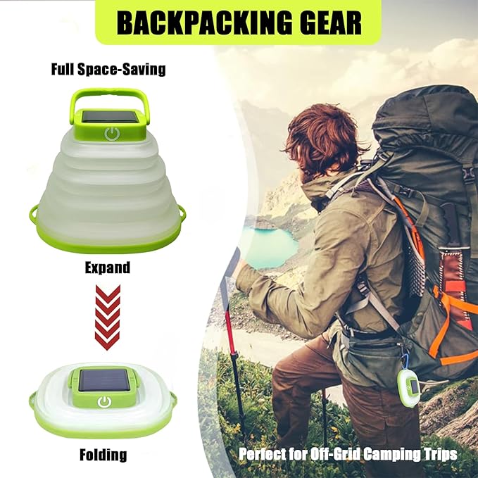 Solar Camping Lanterns-Collapsible Camping Essentials,IP65 Solar Lights Outdoor Waterproof,USB Portable Camping Hanging Lamp for Backpacking Gear,Emergency,Tent,Travel,Hiking