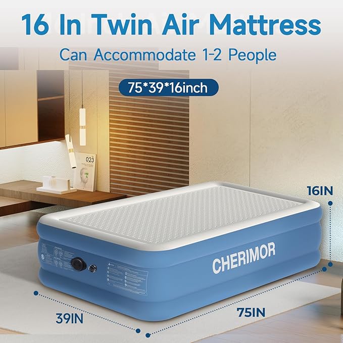 CHERIMOR Twin Air Mattress with Built in Pump, 16" Upgraded Firmness Blow Up Mattress, Multi-Layer Leakproof, Heavy-Duty Support Air Bed, 2-Min Inflation for Home Guests & Camping