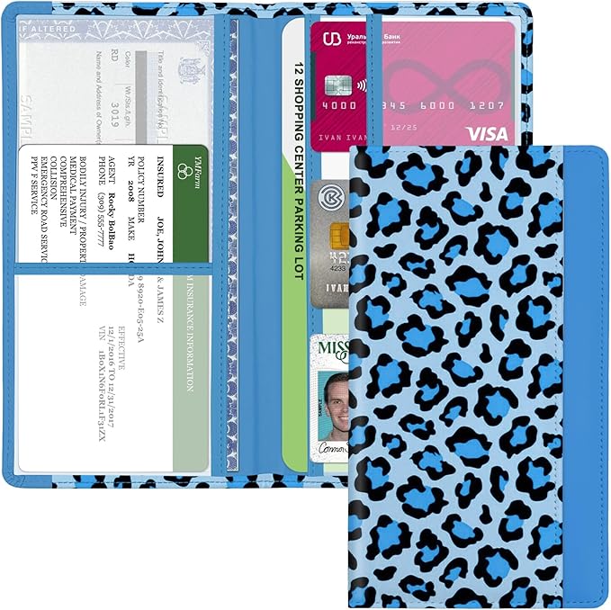 Car Registration and Insurance Holder, with Magnetic Closure for License, Cards and Documents, All Vehicle Needs and Car Accessories (Leopard-Blue)