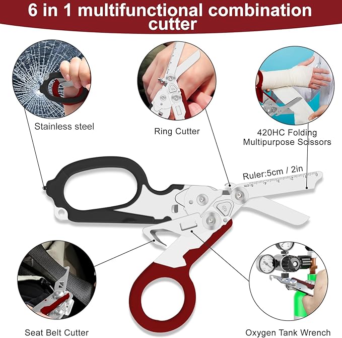 6 in 1 Multifunctional Combination Tool, Folding Retractable Emergency Shears, Outdoor Camping Tools, Seat Belt Cutter, Oxygen Cylinder Wrench, Complimentary Adjustable Wrench (dark red)