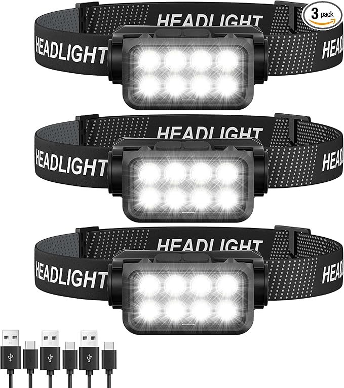 Sogdeco Rechargeable Headlamp Flashlight, 8 LED 2500LM Ultra-Light Bright Headlight, Waterproof Lightweight Head Lamp for Adult Kid, 3-Pack Headlamps for Outdoor Camping Running Fishing