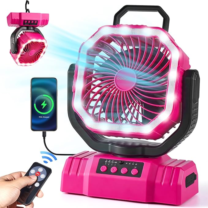 Odoland Portable Camping Fan with LED Lantern, 20000mAh Rechargeable Battery Powered Fan with Auto Oscillation, Timer, Remote, 360° Rotation Hook, 4 Speeds for Power Outage Travel Home,Pink