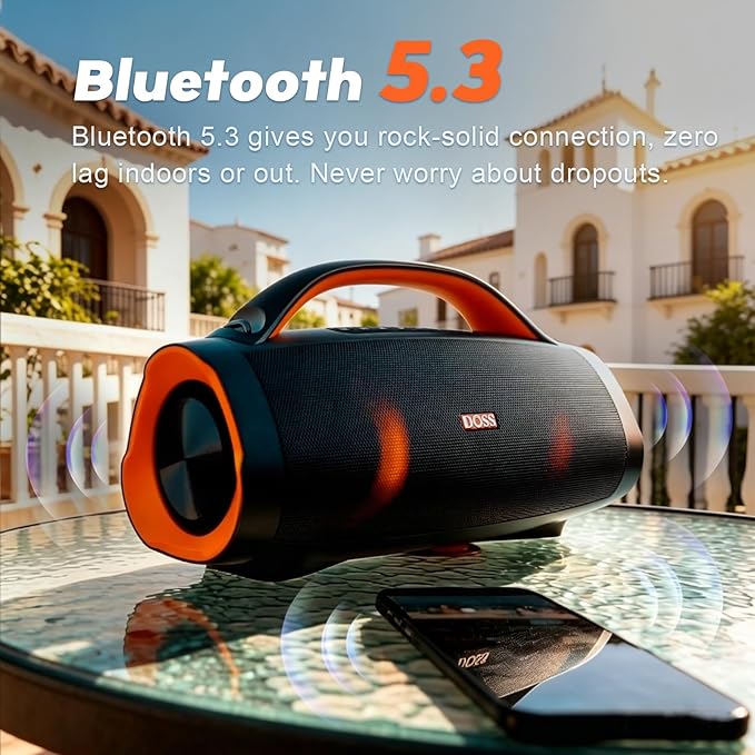 DOSS Extreme Boom Pro 100W Loud Outdoor Speaker, 2+2 Channel, IPX6 Waterproof, Bluetooth 5.3, 20H Playtime, Dynamic RGB Lights, Portable Speaker for Camping, Beach, Pool, Working Outside - Orange