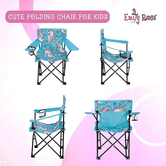 Emily Rose Sea Unicorns Kids Folding Camp Chair – Lightweight Portable Toddler Beach Chair Ages 2-7 with Safety Lock, Cup Holder & Carry Case, 125 lb Capacity for Girls Outdoor Adventures