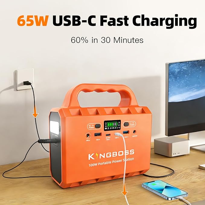 KINGBOSS 100W Portable Power Station, 96Wh LiFePO4 Battery Generator with 65W Fast Charging, Lightweight Solar Power Bank Supply with AC/DC/USB-C/USB-A Outputs & LED for Camping, Home Backup, Outdoor