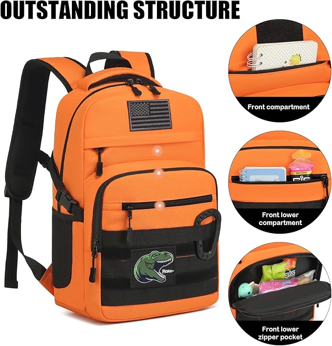 Kids Tactical Backpack Army Molle Bookbag Military Boys Backpack for School, Outdoor, Camping (Includes 2 Patches+1Carabiner), Orange