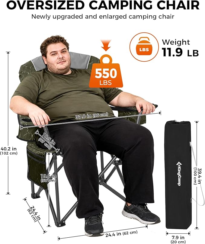 KingCamp Oversized Camping Chair with Adjustable Lumbar Support, 550lbs Heavy Duty Padded Folding Lawn Chair for Adults, Outdoor Armchair with Cooler Bag, Cup Holder & Side Pocket for Fishing, Travel
