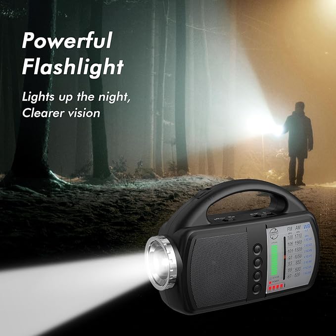 AM FM NOAA Weather Radio,Portable Emergency Radio with Flashlight, Bluetooth 5.0, USB, AUX in Powered by Built-in Rechargeable Battery or 4 AA Battery for Home Indoor Black