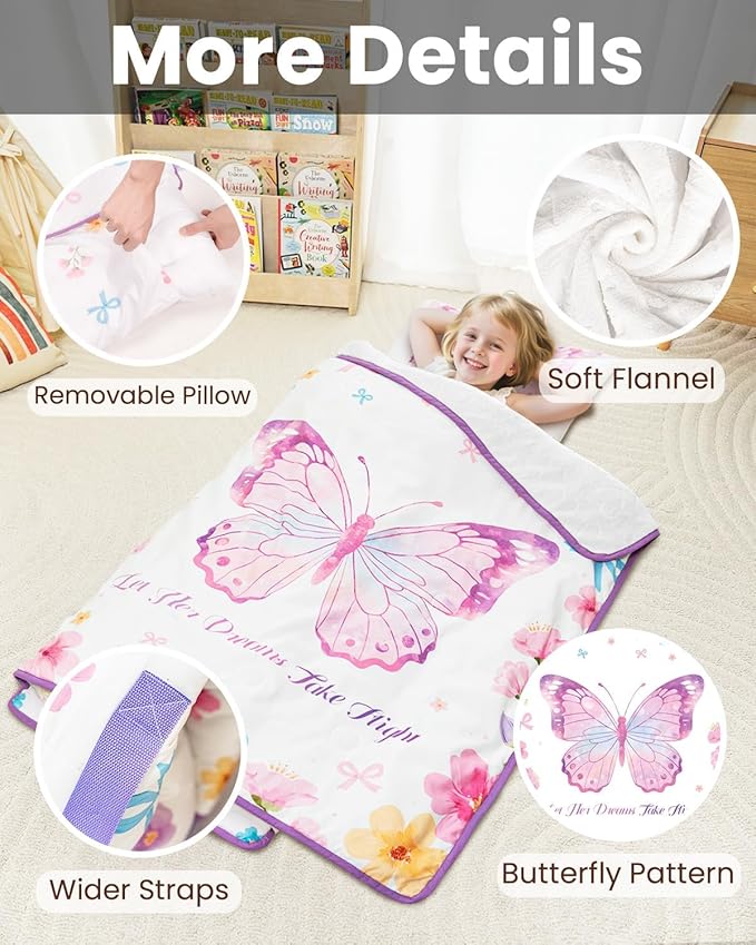 Primlect Toddler Nap Mat with Removable Pillow and Flannel Blanket, Portable Sleep Bag for Kids, Easy to Roll up, Washable, Perfect for Daycare, Preschool, Boys and Girls, 3-6 Years