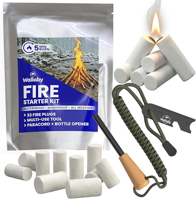 Wallaby Fire Starter Kit - 33 Waterproof Plugs in Metal Tin + Flint Rod Striker Multi-Tool, Pocket Survival Guide, Airtight Mylar Storage Bag – Camping, Emergency, Grill, Fire Pit