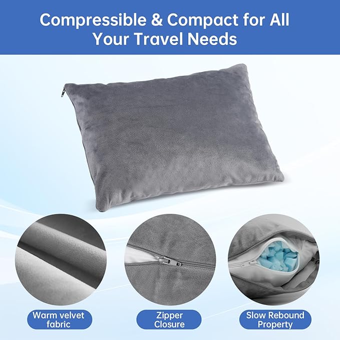 Small Shredded Memory Foam Pillow,Travel Pillow Compressible Camping Pillow,Compressible Medium Firm, Breathable Cover,Machine Washable