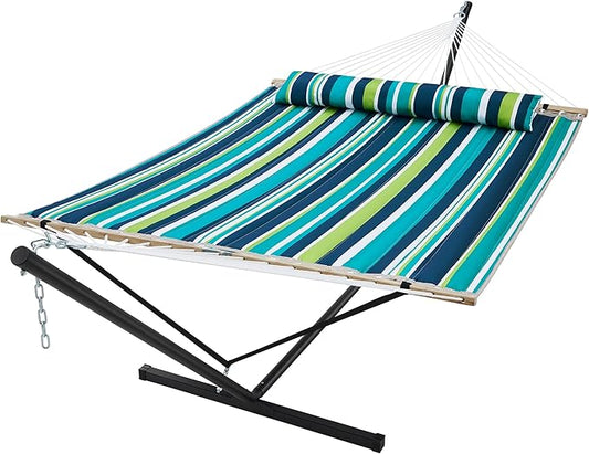 SUPERJARE Hammock with Stand, 2 Person Quilted Outdoor Hammock, Detachable Pillow & Bamboo Spreaders, Portable Hammock with Carrying Bag, Heavy Duty Stand, Perfect for Outside, Patio, Dark Cyan