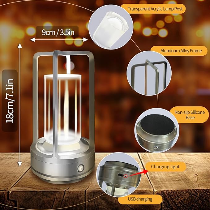 Set of 2 Cordless Table Lamps, LED Rechargeable Table Lamp with 3 Color Stepless Dimmable, Indoor/ Outdoor Table lamp for Patio/ Camping/ Bar/ Coffee/ Restaurant/ Bathroom (Silver 2 Pcs)