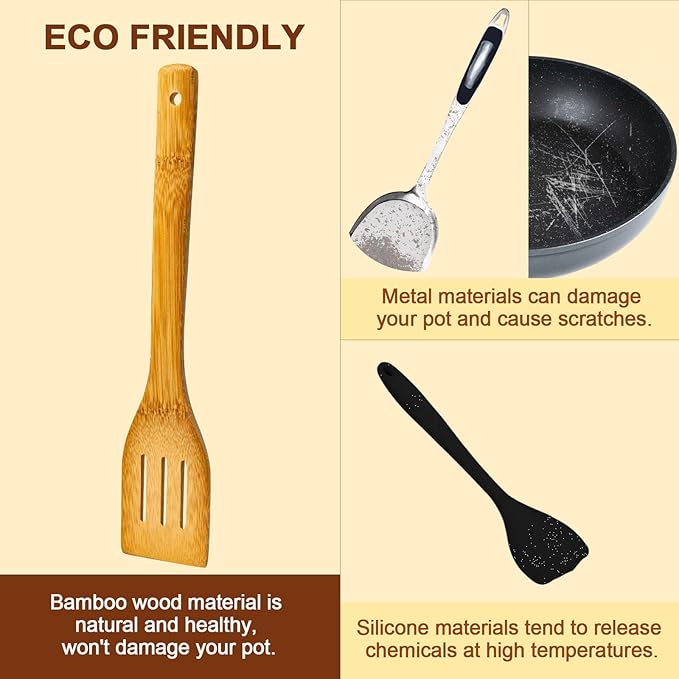 Eisinly Wooden Spoons for Cooking 7-Piece, Kitchen Nonstick Bamboo Cooking Utensils Set, Healthy Bamboo Wooden Spatula Spoon for Cooking