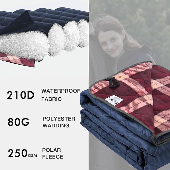 DUKUSEEK Hooded Outdoor Blanket, Extra Large 79" x 59" Waterproof Camping Blanket, Quilted, Thick Fleece, Warm, Windproof, Sand Proof, Portable and Wear-Resistant, Perfect for Stadium, Picnic